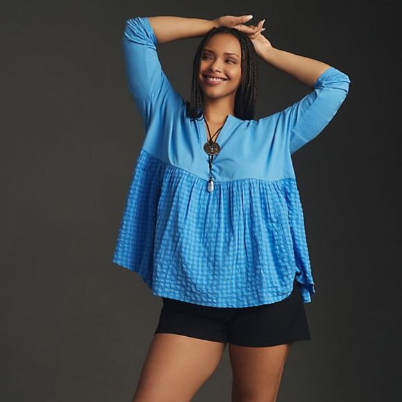 Anthropologie Pilcro Long-Sleeve Babydoll Blouse gingham top new nwt XXS 2XS - Picture 3 of 9